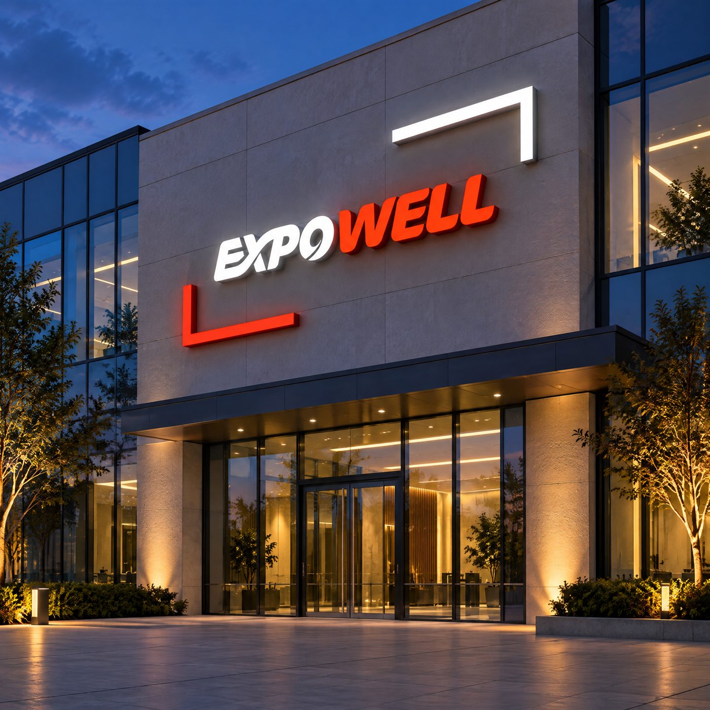 Офис компании «Эксповел» — логотип EXPO WELL на фасаде здания